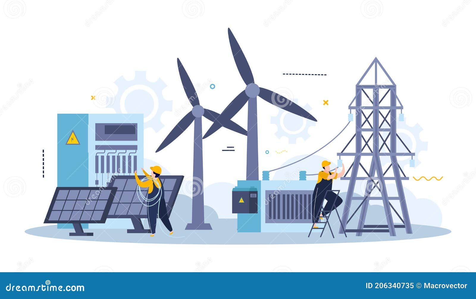 composición plana de la energía eléctrica electricidad y relámpago con líneas alimentación baterías solares turbinas 206340735