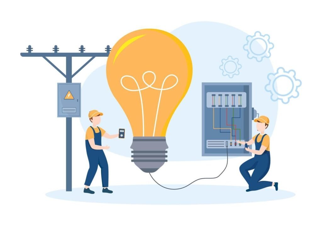lighting and electricity energy maintenance service panel cabinet of technician electrical work on flat cartoon hand drawn templates illustration vector
